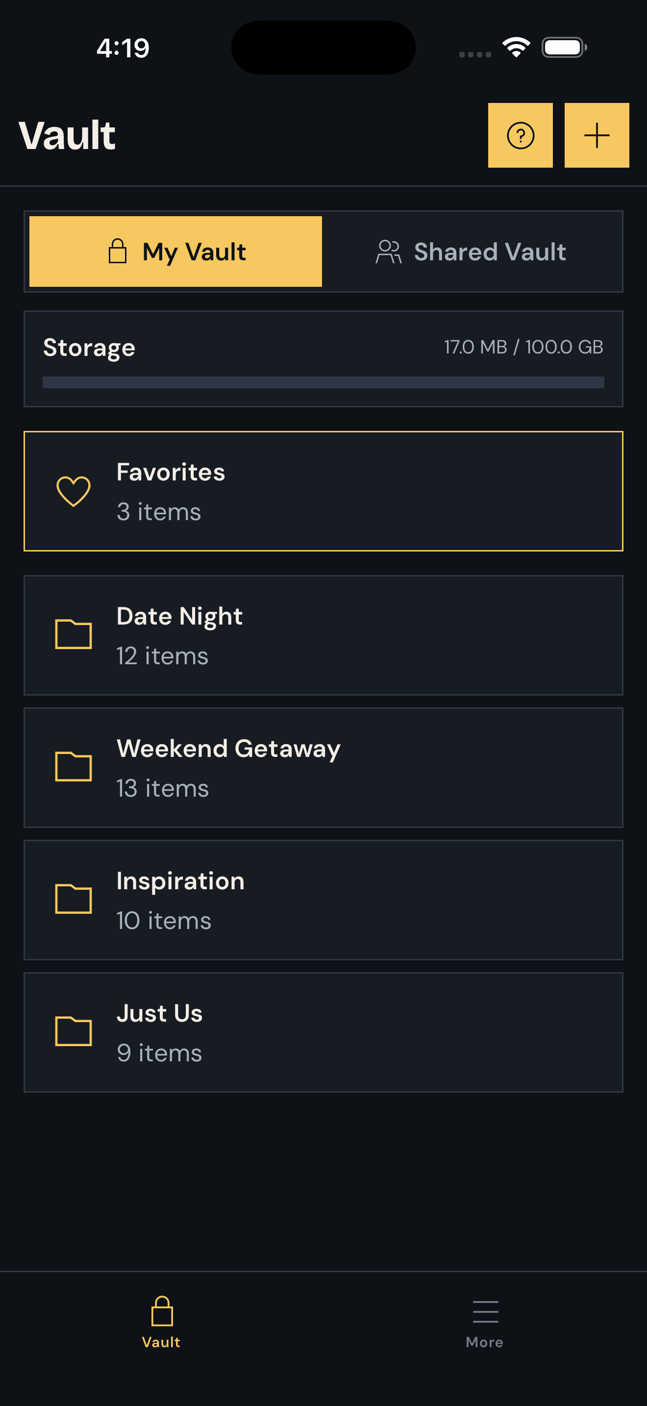 Vault app interface